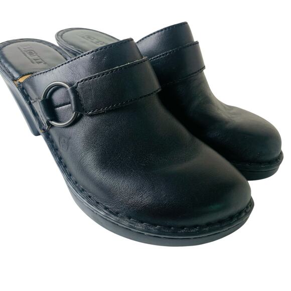 Born Size 9 Women's Black Leather Clog Mules Buckle Detail Heel Comfort - Picture 7 of 15